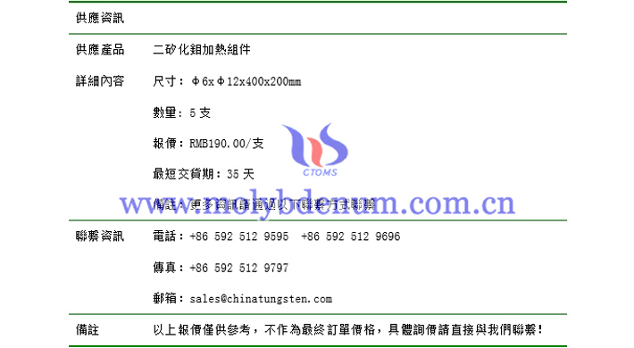 二矽化鉬加熱元件價(jià)格表圖片
