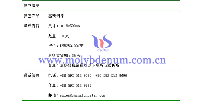 高純鉬棒價(jià)格表圖片